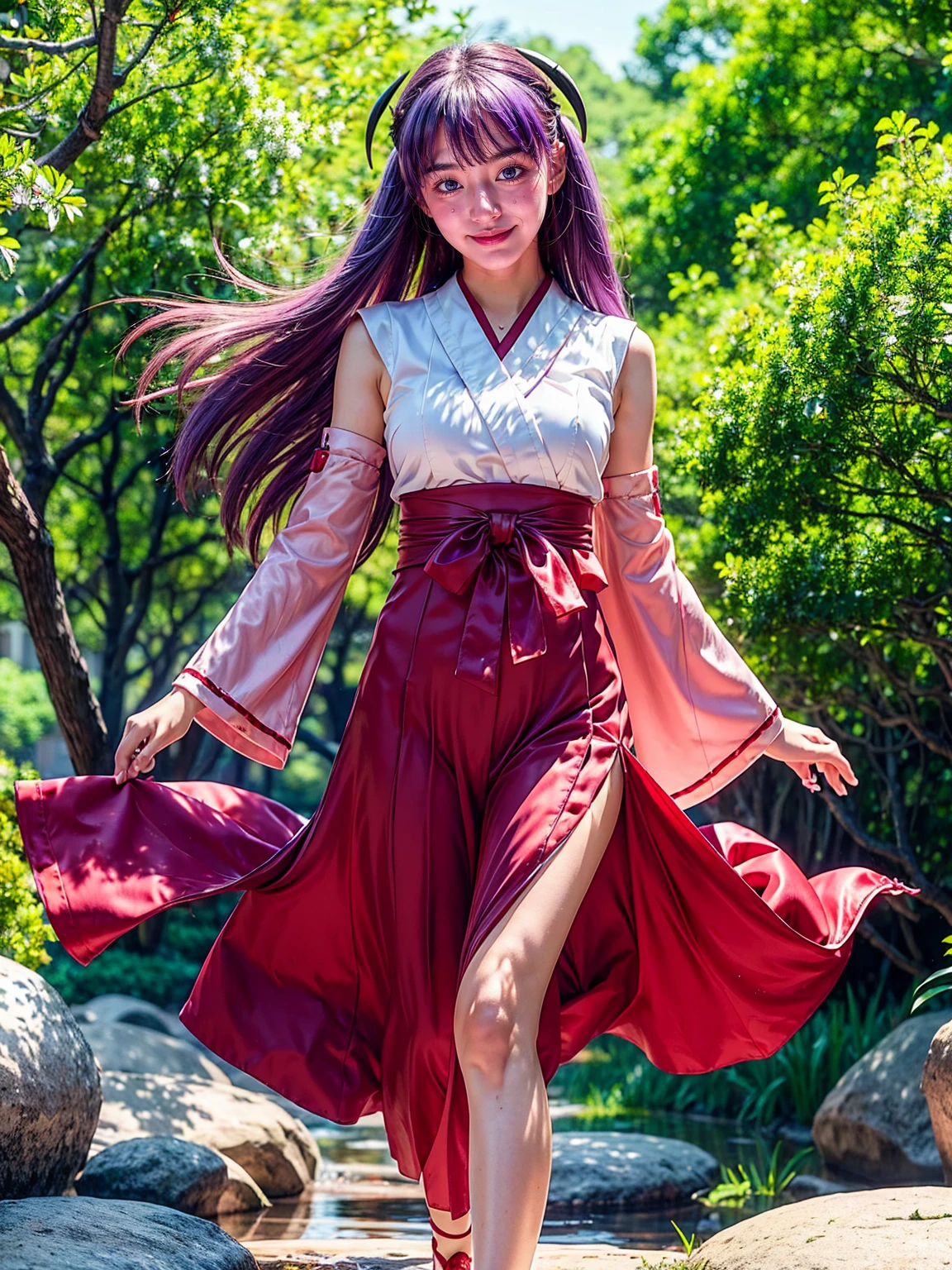 ultra-detailed, , Beautiful body, Beautiful Nose, Beautiful character design, perfect eyes, perfect face, ultra highres, 4K, beautiful legs, perfect legs, Nice hands, Perfect hand, Masterpiece, Best Quality, Highly detailed, illustration, absurdres, perfect , expression of joy, glowing eyes, looking at viewer, mystic aura, female priestess, full body, goddess-like, happy trance, perfect female body, smile, japanese clothes, miko, detached sleeves, hakama, hakama skirt, red hakama, ribbon-trimmed sleeves, joyful eyes, horns, extending the right arm from the shoulder into the air with a straightened hand, 1girl, hair ornaments, purple hair, long hair, purple eyes, (((pixel-perfect, detail-perfect))), solo, 1girl, Hanyuu, higurashi when they cry, umineko when they cry, medium sized natural 