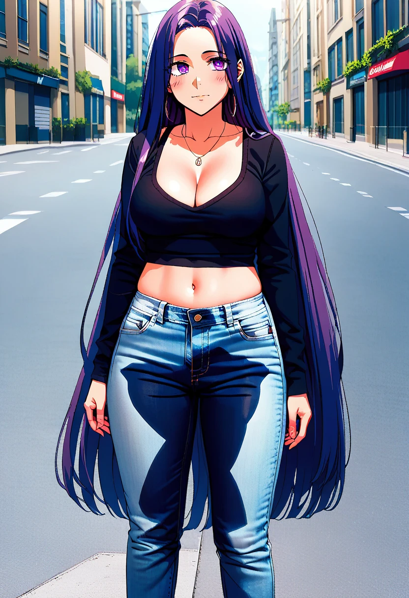 (masterpiece:1.37), best quality, (extremely detailed:1.37) woman, (adult:1.5), (very long hair:1.5), dark purple hair, purple eyes, (extremely detailed eyes:1.37), large breasts, crop top, cleavage, navel, (tight jeans:1.5), (wetting:2.0), standing straight, full body day, daytime, glow, facing viewer, perfect composition, full body, city, street, anime style