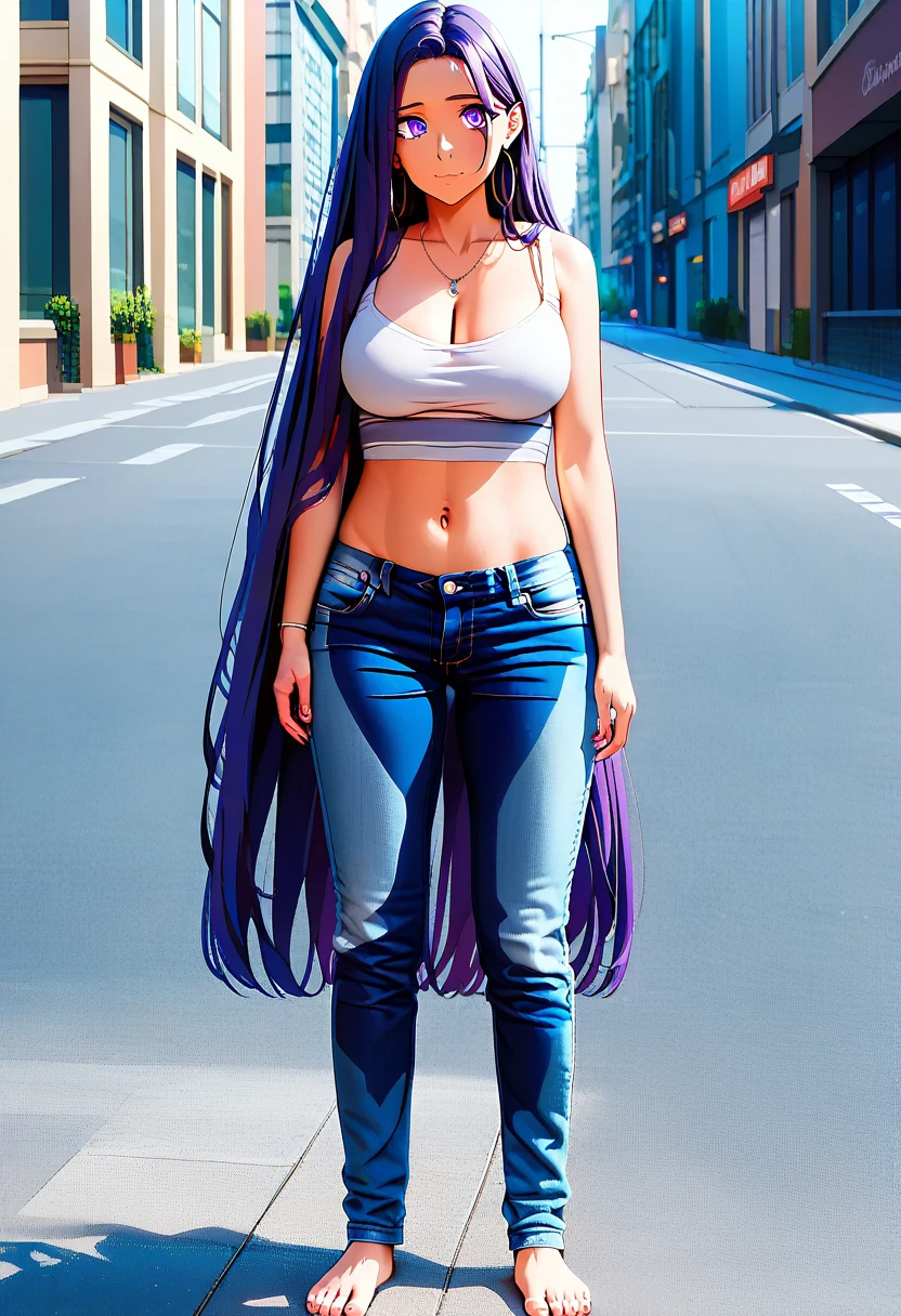 (masterpiece:1.37), best quality, (extremely detailed:1.37) woman, (adult:1.5), (very long hair:1.5), dark purple hair, purple eyes, (extremely detailed eyes:1.37), large breasts, crop top, cleavage, navel, (tight jeans:1.5), (wetting:2.0), standing straight, full body day, daytime, glow, facing viewer, perfect composition, full body, city, street, anime style