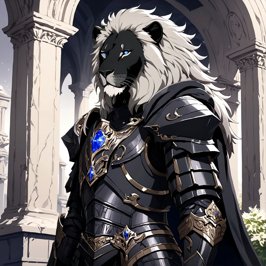 masterpiece, best quality, good quality, humanoid gray lion, Furry, a gray lush mane, scar on right eye, black armor, Combat armor, A lot of growth, black fur cape, Fantasy aesthetics, Highly detailed, shadowverse style