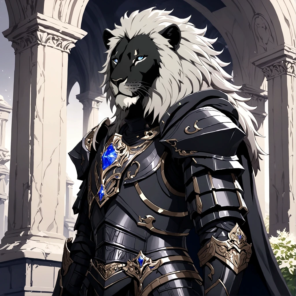 masterpiece, best quality, good quality, humanoid gray lion, Furry, a gray lush mane, scar on right eye, black armor, Combat armor, A lot of growth, black fur cape, Fantasy aesthetics, Highly detailed, shadowverse style