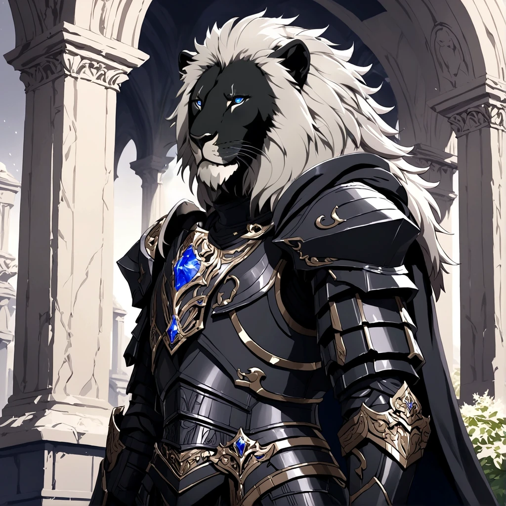 masterpiece, best quality, good quality, humanoid gray lion, Furry, a gray lush mane, scar on right eye, black armor, Combat armor, A lot of growth, black fur cape, Fantasy aesthetics, Highly detailed, shadowverse style