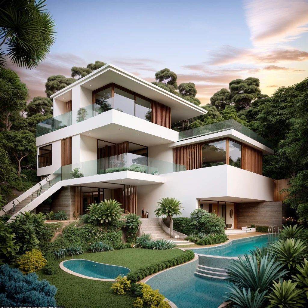 The MODERN HOUSE is located on the upper hill, (curly pathway in front of the house), white wall, concrete, glass windows, curtain walls, wood ceilings, (((small swimming pool under the house))), ((big front yard)), court outside, rocky, SUNSET