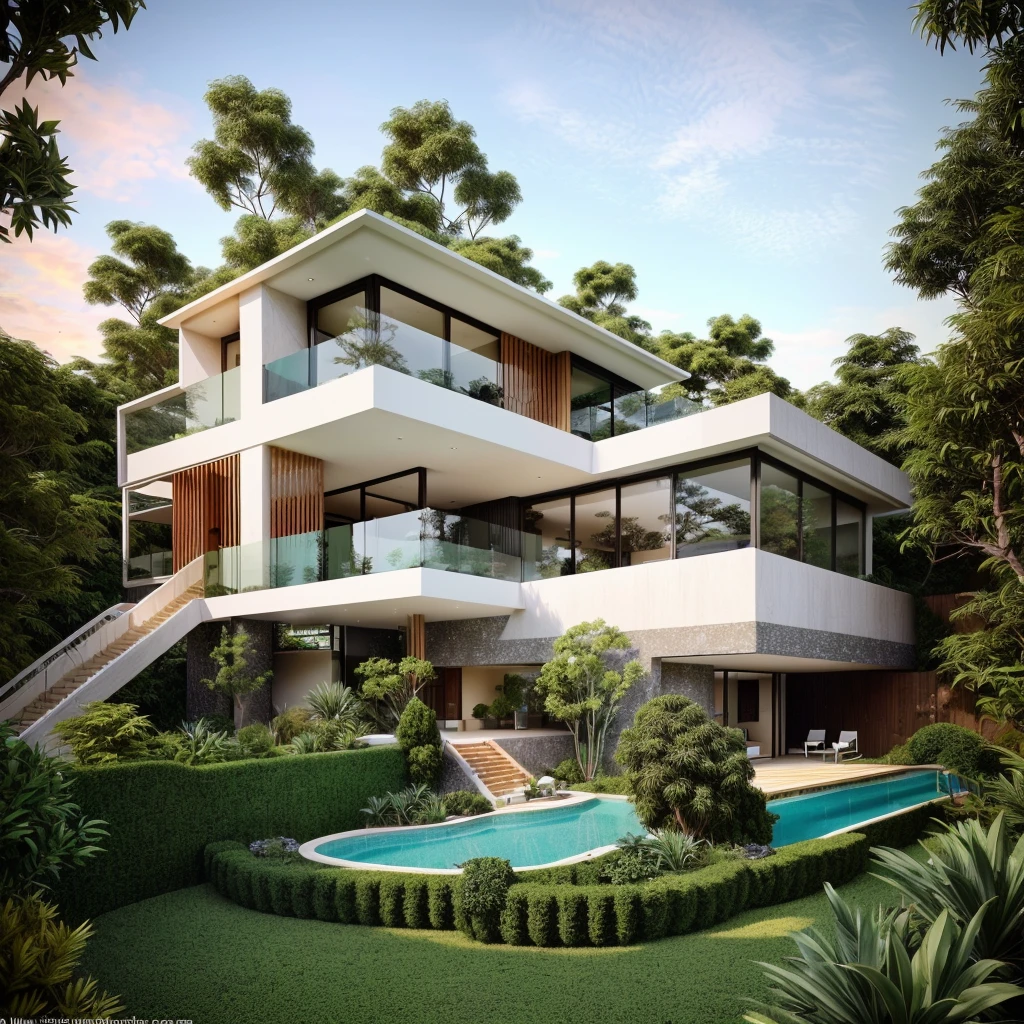 The MODERN HOUSE is located on the upper hill, (curly pathway in front of the house), white wall, concrete, glass windows, curtain walls, wood ceilings, (((small swimming pool under the house))), ((big front yard)), court outside, rocky, SUNSET