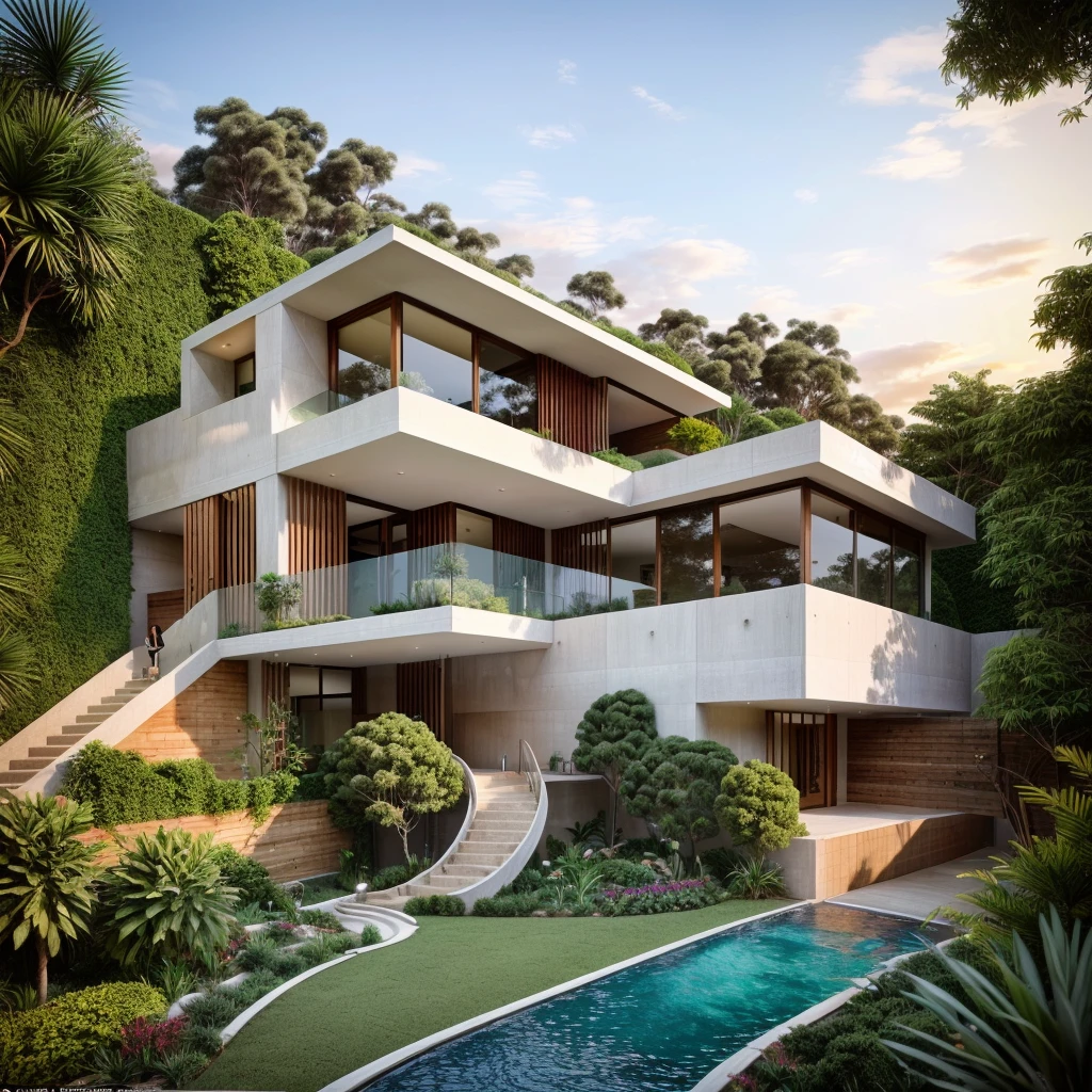 The MODERN HOUSE is located on the upper hill, (curly pathway in front of the house), white wall, concrete, glass windows, curtain walls, wood ceilings, (((small swimming pool under the house))), ((big front yard)), court outside, rocky, SUNSET