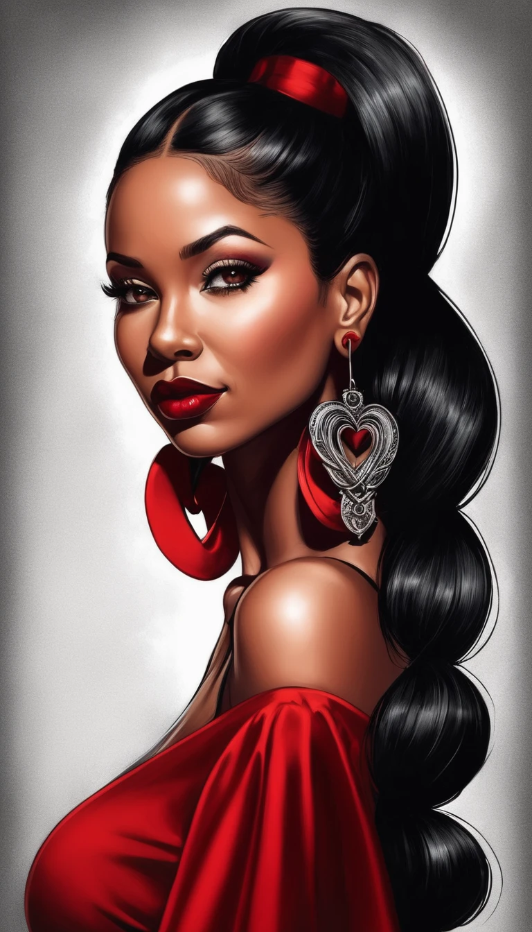 Sublime femme 30ans, fantaisie, Beauté, dans le style de la bande dessinée noire, portraits réalistes hyper détaillés, twin ponytails en forme de coeur, niveaux de gris noir et blanc, art chicano, rouge à lèvres rouge cerise foncé, réaliste mais romantique, lignes fluides --ar 23:36 --styliser 750