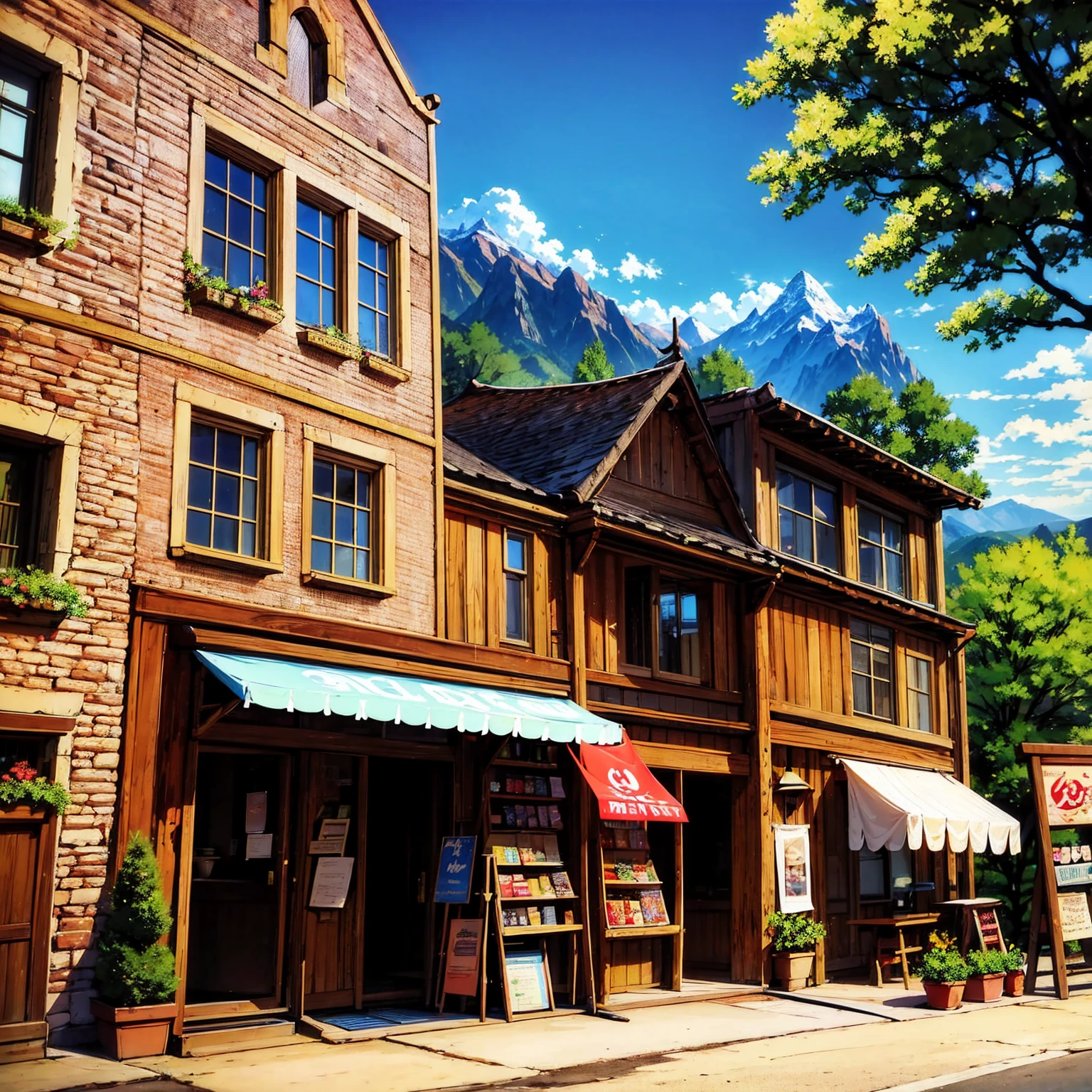 anime background, anime wallpaper, anime, anime style, lofi, lofi style, medieval street, mountains, uphill, medieval architecture, medieval convenience store, big retro medieval shop signs, retro medieval store, trees, plants, rocks, plant pots, shop signs, medieval banners like (guild, blacksmith, alchemist, restaurant), medieval signs, flags, sunrise, golden hour, golden lighting, empty street, no one in sight (no one: 1)