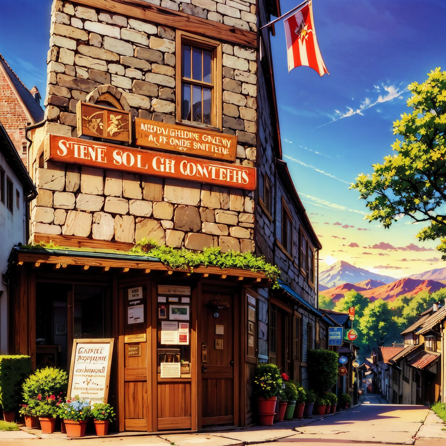 anime background, anime wallpaper, anime, anime style, lofi, lofi style, medieval street, mountains, uphill, medieval architecture, medieval convenience store, big retro medieval shop signs, retro medieval store, trees, plants, rocks, plant pots, shop signs, medieval banners like (guild, blacksmith, alchemist, restaurant), medieval signs, flags, sunrise, golden hour, golden lighting, empty street, no one in sight (no one: 1)