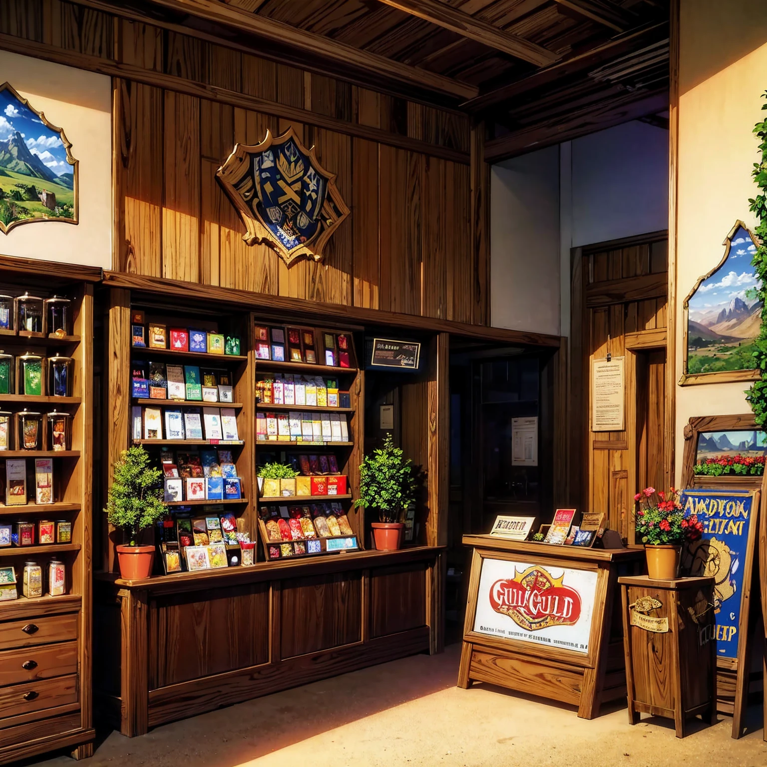 anime background, anime wallpaper, anime, anime style, lofi, lofi style, medieval street, mountains, uphill, medieval architecture, medieval convenience store, big retro medieval shop signs, retro medieval store, trees, plants, rocks, plant pots, shop signs, medieval banners like (guild, blacksmith, alchemist, restaurant), medieval signs, flags, sunrise, golden hour, golden lighting, empty street, no one in sight (no one: 1)