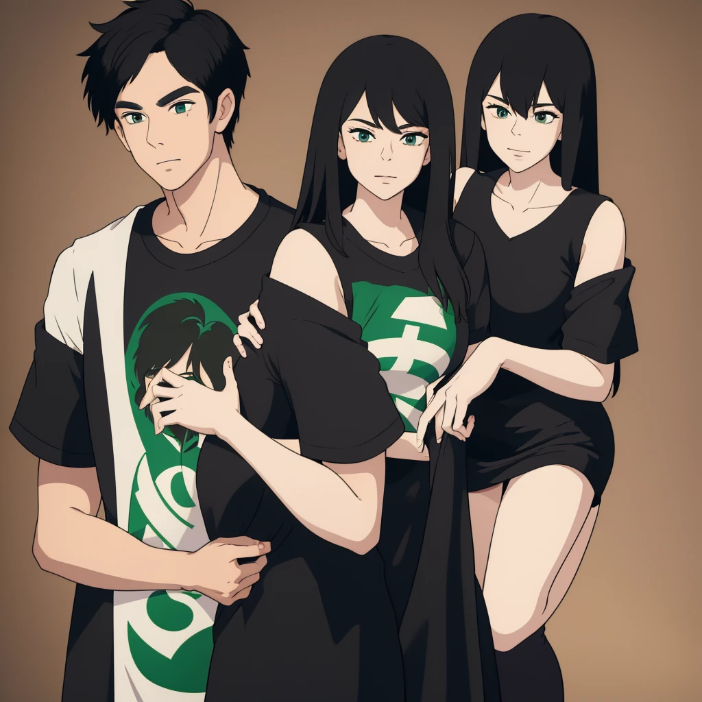 Big breasted woman, and long black hair, with boyfriend with black hair stylish hairstyle couple together with boston celtics shirt