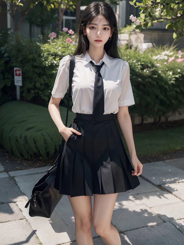 absurdres, RAW photo, extremely delicate and beautiful, masterpiece, Best Quality, ultra high resolution, 32k, hyperrealistic, ultra-detailed, in her 20s, delicate facial features, tearful mole, earring, medium breasts, ((full body shot)), shorter middle hair, black hair, ((summer school_uniform)), shirt, skirt, tie,