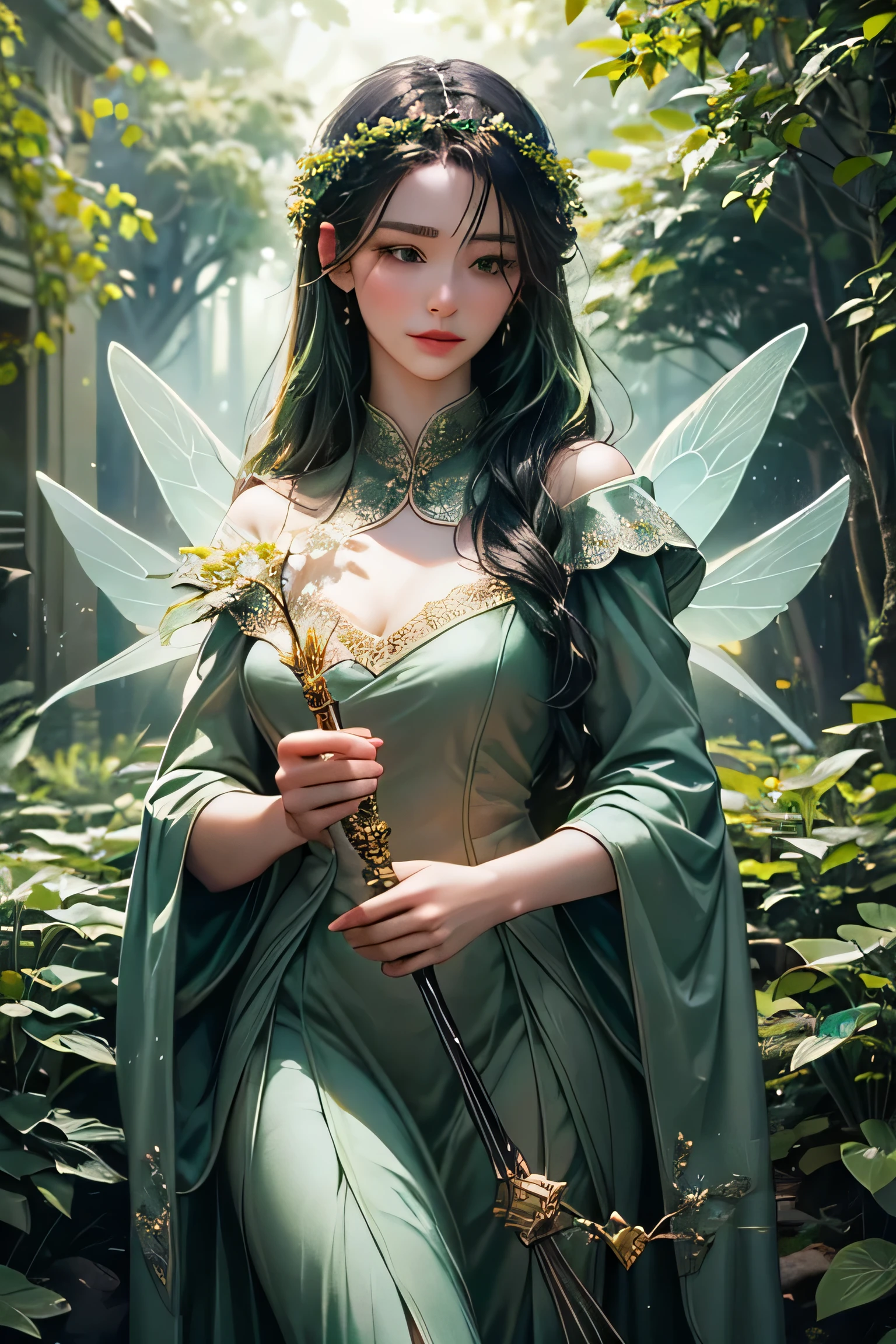 "Create an ultra-realistic image of a stunning 15-year-old female fairy with a delicate, ethereal presence, holding a magical staff imbued with the power of nature. She should be dressed in an elegant, ((((((dark green)))))) outfit that reflects her connection to the natural world. Surround her with elements of nature, such as blooming flowers, lush greenery, and gentle forest light, to highlight her mastery over this element. Include a distinct nature symbol on her body, indicating her role as the guardian of nature, showcasing the profound, nurturing power of nature she possesses within her."