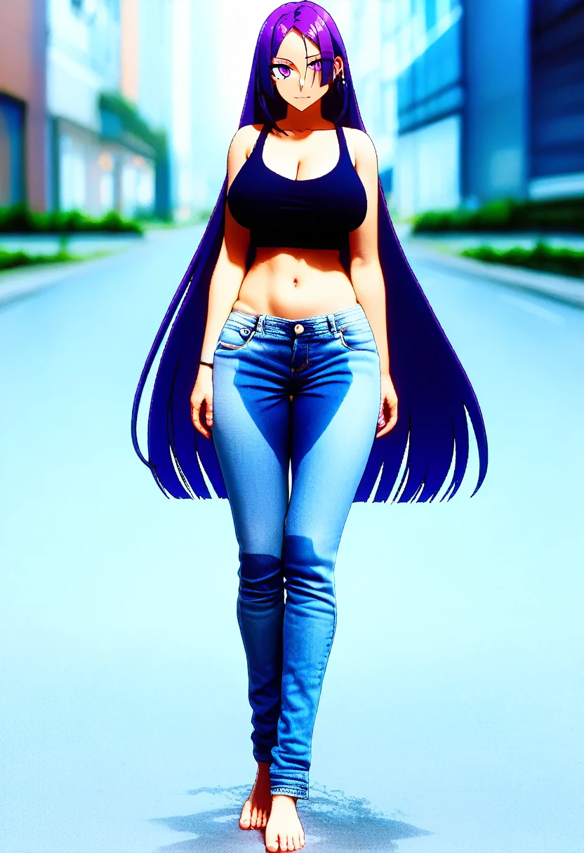 (masterpiece:1.37), best quality, (extremely detailed:1.37) woman, (adult:1.5), (very long hair:1.5), dark purple hair, purple eyes, (extremely detailed eyes:1.37), large , crop top, cleavag, (tight jeans:1.5), (wetting:2.0), standing straight, full body day, daytime, glow, facing viewer, perfect composition, full body, city, street, anime style
