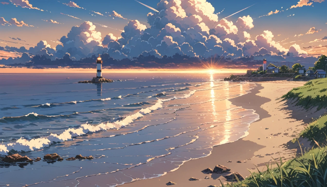 ((anime:1.4,illustration)),(masterpiece, top quality, best quality),(ultra-detailed, absolutely resolution),((16k, high res)), (((seaside, sand flowers, blue sky, cumulonimbus clouds, evening, breakwater, lighthouse))), ((anime:1.4,illustration)),(masterpiece, top quality, best quality),(ultra-detailed, absolutely resolution),((16k, high res)). BREAK {lofi art, style of Laurie Greasley, style of Makoto Shinkai, anime aesthetic}, BREAK { (produces images with information than 40 million pixels with cinematic-like detailed textures shot on a Sony SLR).}