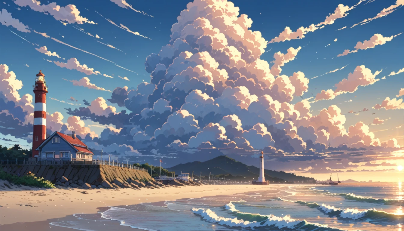 ((anime:1.4,illustration)),(masterpiece, top quality, best quality),(ultra-detailed, absolutely resolution),((16k, high res)), (((seaside, sand flowers, blue sky, cumulonimbus clouds, evening, breakwater, lighthouse))), ((anime:1.4,illustration)),(masterpiece, top quality, best quality),(ultra-detailed, absolutely resolution),((16k, high res)). BREAK {lofi art, style of Laurie Greasley, style of Makoto Shinkai, anime aesthetic}, BREAK { (produces images with information than 40 million pixels with cinematic-like detailed textures shot on a Sony SLR).}