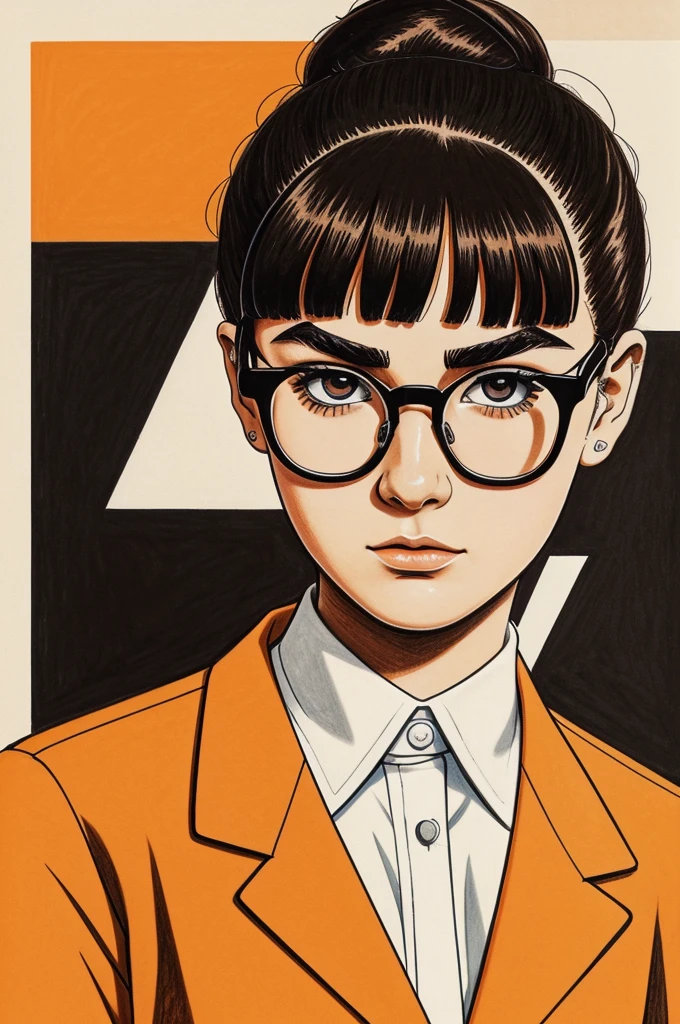 drawing in the style of mob psycho 100 about a young 25-year-old woman with brown hair tied in a bun, dark brown eyes, thick eyebrows, square-shaped glasses and a black formal shirt with orange geometric designs