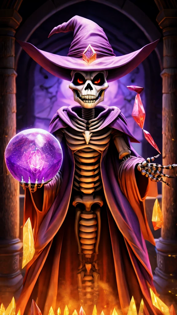 8k, extremely detailed, film lighting, a friendly and cute wizard skeleton, with red eyes, holding a crystal ball