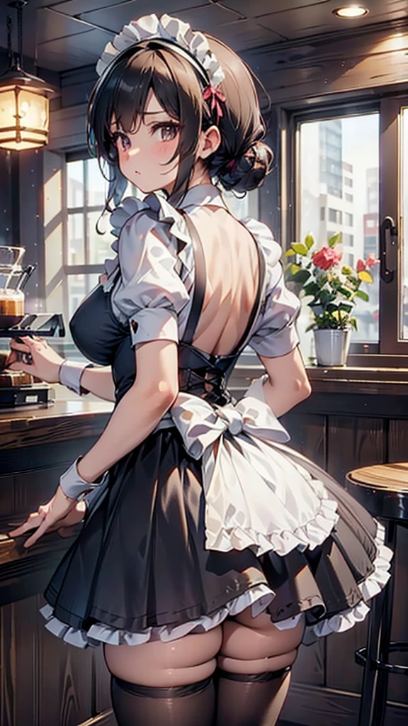 Coffee shop background,Coffee shop background,Indoor background,Tables and Chairs,Bar,Maid girl,A maid headband,Big breasts,futanari,Hip bulge,Bulge between the thighs,Big butt,cute,charming