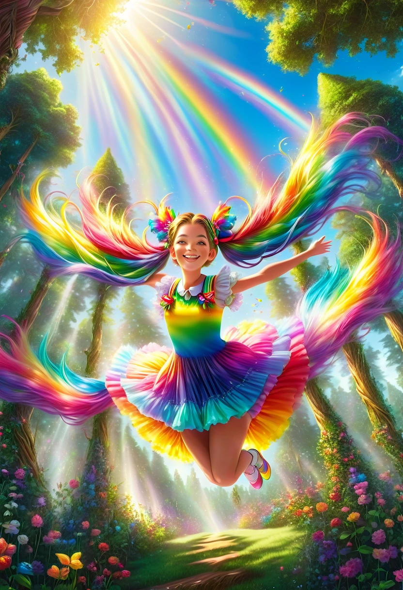 1girl, long rainbow colored twin tails:1.9, bright smiling expression, beautiful magical girl jumping down from tall trees in a magical garden, shining morning sunlight, low angle shot:1.75, close-up of the girl, extremely detailed, complex, photorealistic, 8k, HDR, cinematic lighting, vivid colors, soft and dreamlike