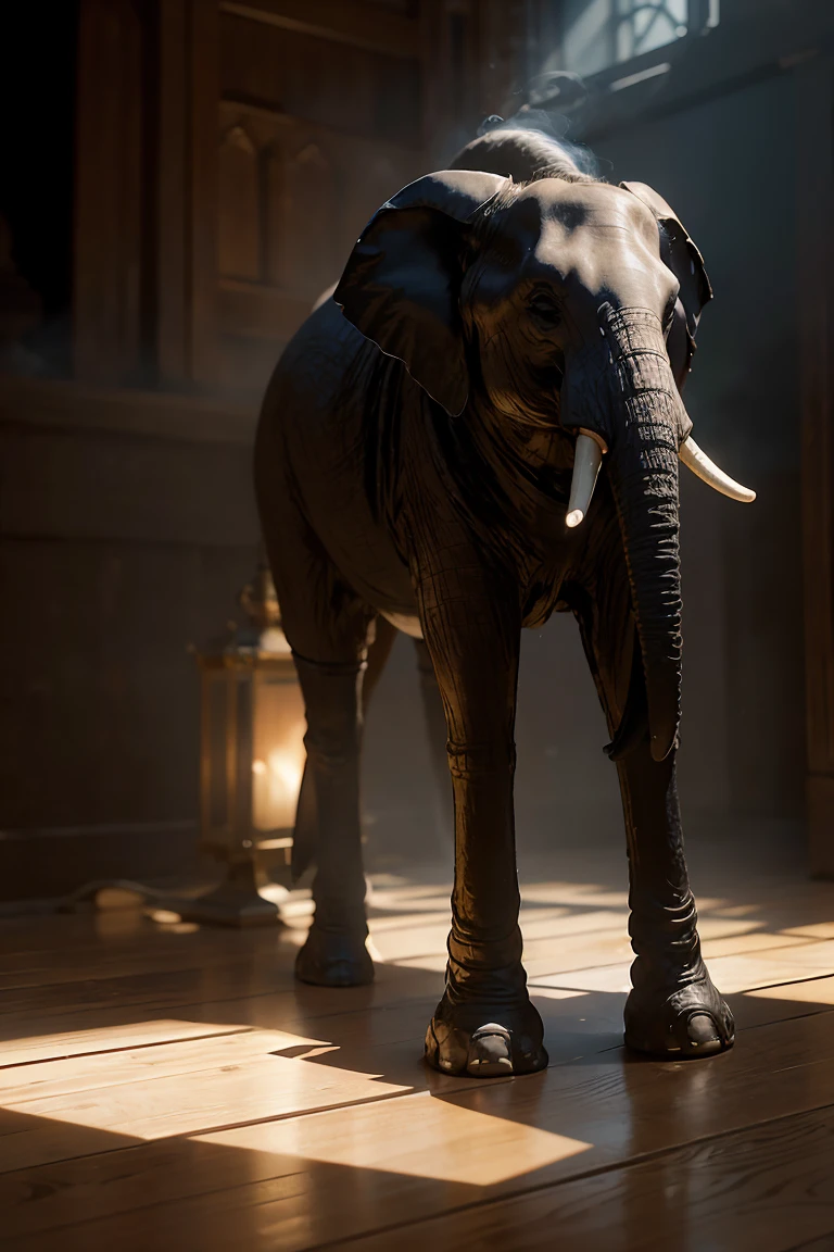 Ultra-high-definition elephant-headed humanoid, 8K resolution, hyperdetailed skin textures with displacement maps, subsurface scattering on ears and trunk, cloth simulation for robes, volumetric lighting in temple, raytraced reflections on polished floors, particle systems for incense smoke, tilt-shift effect, HDR tone mapping --ar 21:9 --stylize 1000 --q 2 --v 5