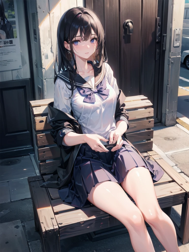 absurdres, RAW photo, extremely delicate and beautiful, masterpiece, Best Quality, ultra high resolution, 32k, hyperrealistic, ultra-detailed, in her 20s, delicate  features, tearful mole, earring, medium breasts, full body shot, shorter middle hair, black hair, ((summer school_uniform)),
