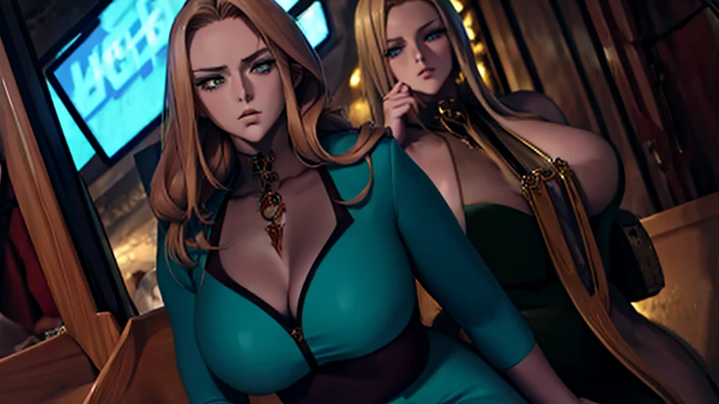 Create an anime-style illustration of a tall blonde woman, 30 years old, with long golden hair styled in large curls. She has green eyes and wears an elegant blue suit, reflecting her role as a school director with seductive and imposing style. Capture her intimidating gaze and arrogant yet impressive attitude. Her form-fitting dress enhances her impact, emphasizing her attractive and confident presence. Highlight her stunning beauty with unwavering facial features, even when furrowing her brow in annoyance."