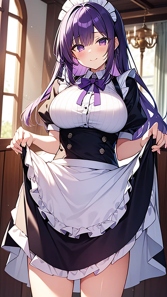 最high quality, high quality, 16K, Ultra-detailed details, pretty girl, alone, beautiful purple hair, Beautiful purple eyes, Big Breasts, A light smile, Maid clothes, I'm lifting my skirt, Striped underwear, My crotch is wet with love juice, {{A succubus strips off the maid's face and clothes and takes her place}}, Full body image, NSFW