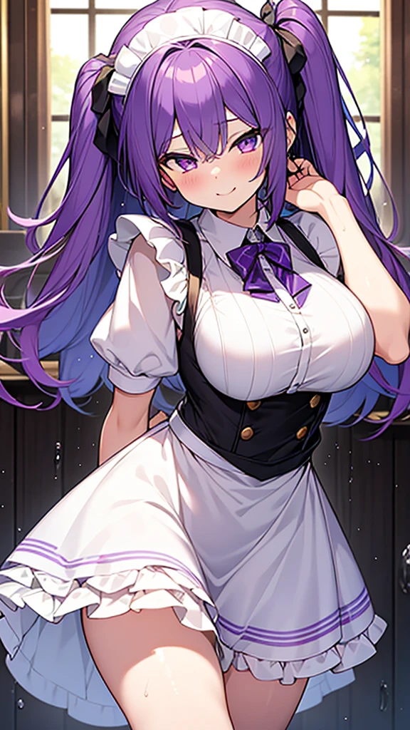 最high quality, high quality, 16K, Ultra-detailed details, pretty girl, alone, beautiful purple hair, Beautiful purple eyes, Big Breasts, A light smile, Maid clothes, I'm lifting my skirt, Striped underwear, My crotch is wet with love juice, {{A succubus strips off the maid's face and clothes and takes her place}}, Full body image, NSFW