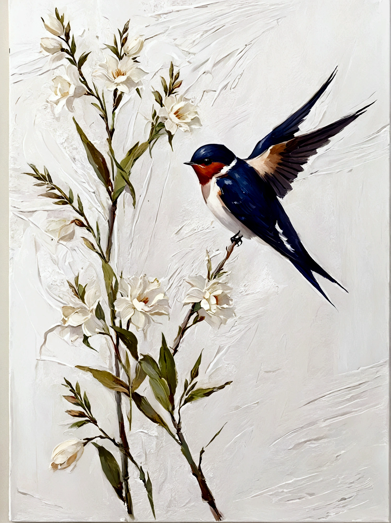 willow,swallow,color,Perfect proportion,symmetry,vanilla,bright,White background,real,emotion,Thick textured paint,