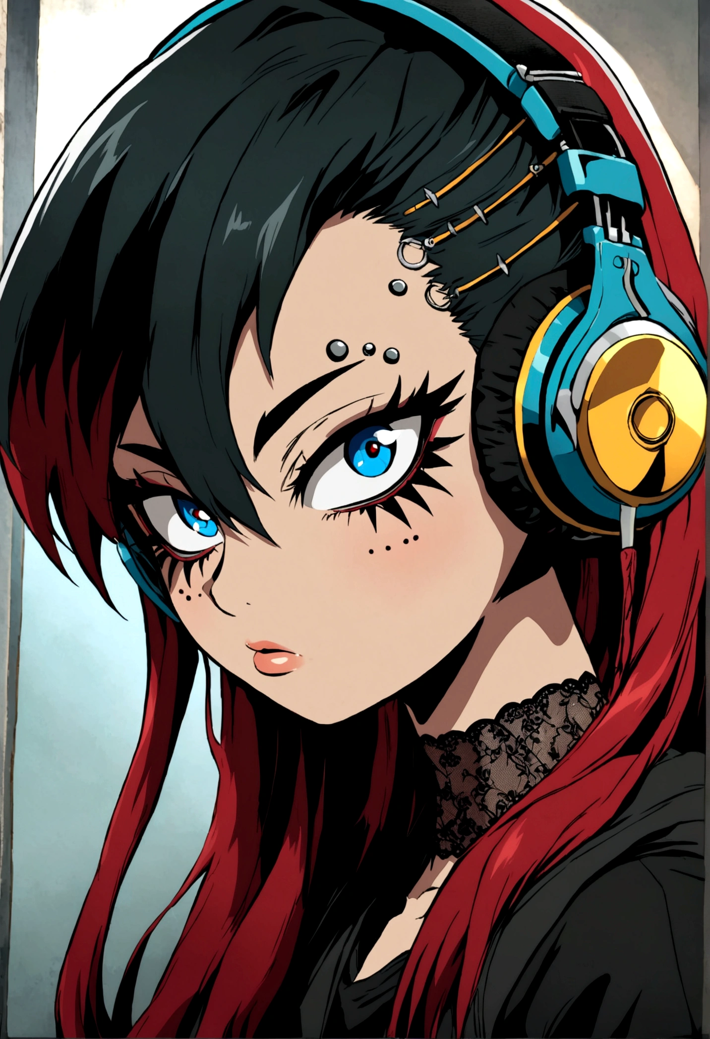 My hero academia anime art style, 16 year old girl, dark red volumious long layered hair, blue eyes fox eye shape with eyeliner, eyebrow piercing and lip piercings, black clothing, edgy emo mysterious vibe, intense innocent beauty, headphones, very pretty