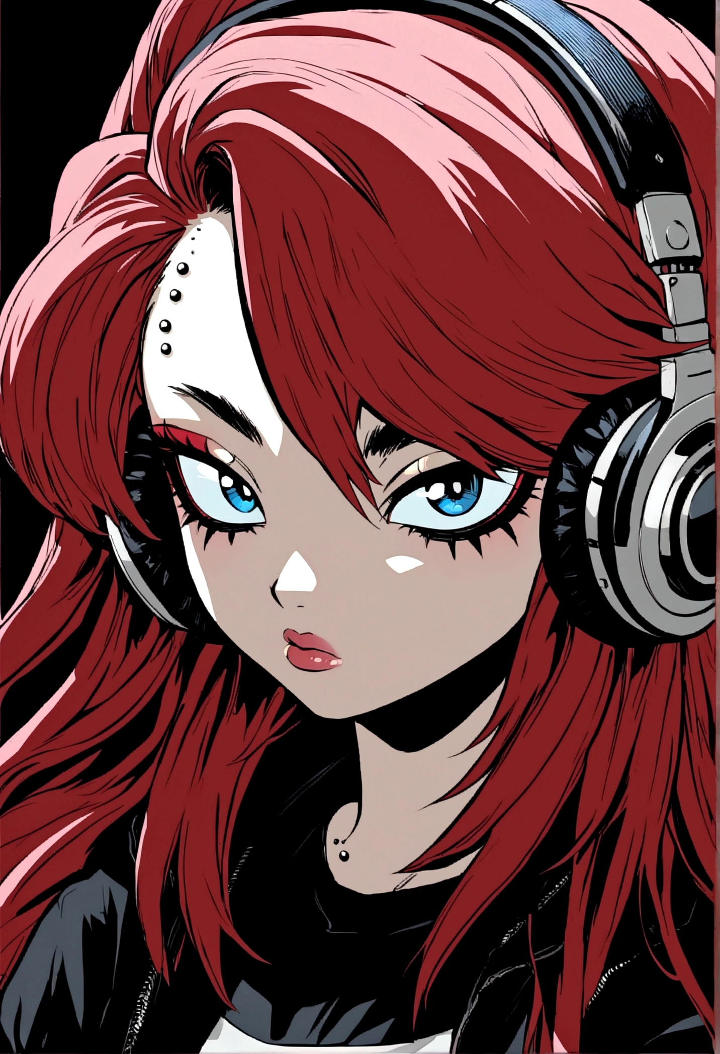 My hero academia anime art style, 16 year old girl, dark red volumious long layered hair, blue eyes fox eye shape with eyeliner, eyebrow piercing and lip piercings, black clothing, edgy emo mysterious vibe, intense innocent beauty, headphones, very pretty
