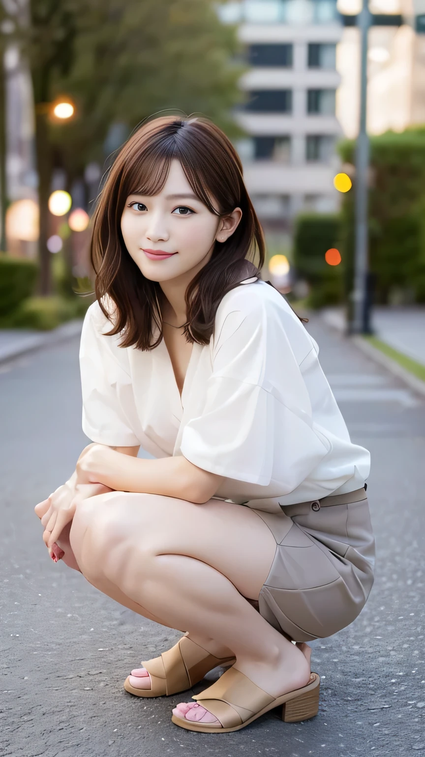 NFSW,In 8K,Highest quality:1.4, Ultra-high resolution:1.5, (Realistic:1.4),masterpiece:1.2,(Highest quality:1.4)、 RAW Photos、 (The background is blurred), 1 Japanese girl, cute, (alone:1.4), (A shy smile), Smooth Skin、 (Brown Short Hair,bangs),Nogizaka,Flexible fingertips,Beautiful dark eyes、dual、Natural skin texture:1.3, Realistic eye and facial details:1.7、Medium chest、Daytime、Tight ass:1.5、View your viewers,(Beautiful Eyes:1.1)、cute、I can see your thighs、I can see your chest、Beautiful feet
