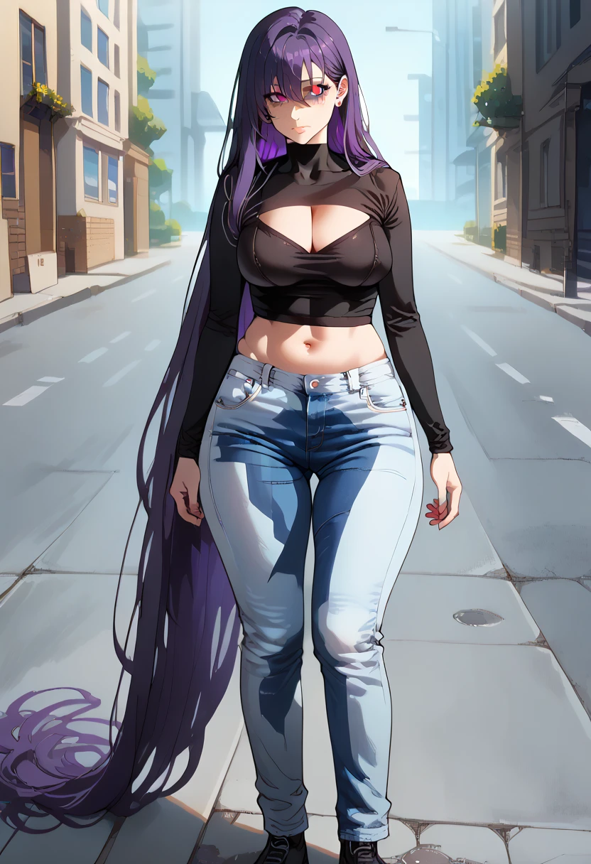 (masterpiece:1.37), best quality, (extremely detailed:1.37) woman, (adult:1.5), (very long hair:1.5), dark purple hair, purple eyes, (extremely detailed eyes:1.37), large breasts, crop top, cleavage, navel, (tight jeans:1.5), (wetting:2.0), standing straight, full body day, daytime, glow, facing viewer, perfect composition, full body, city, street, anime style