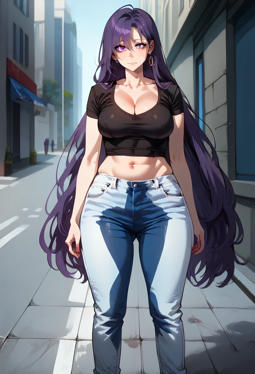 (masterpiece:1.37), best quality, (extremely detailed:1.37) woman, (adult:1.5), (very long hair:1.5), dark purple hair, purple eyes, (extremely detailed eyes:1.37), large breasts, crop top, cleavage, navel, (tight jeans:1.5), (wetting:2.0), standing straight, full body day, daytime, glow, facing viewer, perfect composition, full body, city, street, anime style