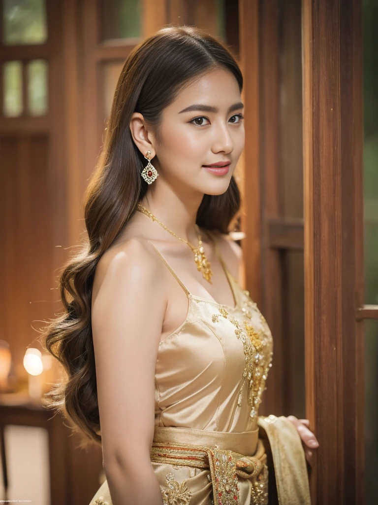 subject: Capture the essence of your beauty concept.: A high-resolution realistic portrait of a young woman that captures the elegance and charm of Tai Khun culture..

Detail Pictures:

intermediary: A girl with charming dimples, Her smile lights up her face..
clothing: The beautiful traditional Keng Dong Tai Khun costume., Meticulously displayed in every detail.. lively fabric, INTRICATE EMBROIDERY, and shiny gold bracelets, necklace, And earrings add a layer of elegance..
Hair style: Beautiful messy bread decorated with freshness., Locally sourced flowers, Secured with delicate gold pins..
decorations: Emphasizing the cultural significance of each piece – elegant earrings are a symbol of prosperity., layered necklace representing family ties, and intricately patterned bracelets that showcase artistic heritage..
stance: Be confident and poised, Stand full-length against the backdrop of the ancient Bagan temples..
background: The beautiful Bagan temples are bathed in the soft hues of dawn or dusk., It captures the spiritual and historical essence of Burma..
Technical specifications:

resolution: 4K (or higher) for excellent clarity and detail.
light: soft and natural, เน้นย้ำถึงคุณลักษณะของผู้หญิงและพื้นผิวที่ซับซ้อนของclothing.
depth of field: ระยะชัดลึกที่ตื้นเพื่อดึงโฟกัสไปที่ผู้หญิงและเบลอbackground, Create intimacy and grandeur.
Additional Notes:

ลองผสมผสานความไม่สมบูรณ์เล็กๆ น้อยๆ เข้ากับclothingและdecorationsเพื่อเพิ่มความสมจริงและความถูกต้องทางประวัติศาสตร์.
Make sure that the face is consistent with the Tai Khun ethnic features while still maintaining an overall sense of beauty and individuality..
Capture the subtle emotional nuances of a woman&#39;s smile., It conveys a sense of pride and cultural connection..
Overall vision: Create stunning and culturally sensitive portraits that celebrate the rich heritage and mesmerizing beauty of Tai Khun women..