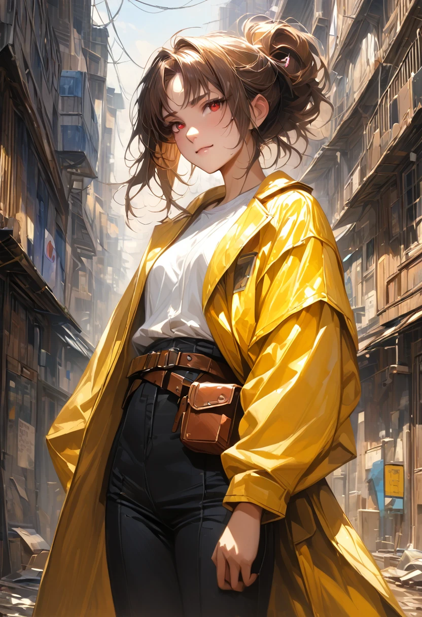 (adult), (woman) ((tall)), ((Elana From Library of ruina)), masterpiece, best quality, very aesthetic, absurdres, shiny skin, Perfect face, Perfect shadowing, Perfect cloathing, skindentation, dark aura, brown hair, ((updo hair)), messy spiked hair , red eyes, plain white shirt, Yellow coat, black pants, ((leather waist pack)), (faint smile), realistic anime style, oil painting, slums background.
