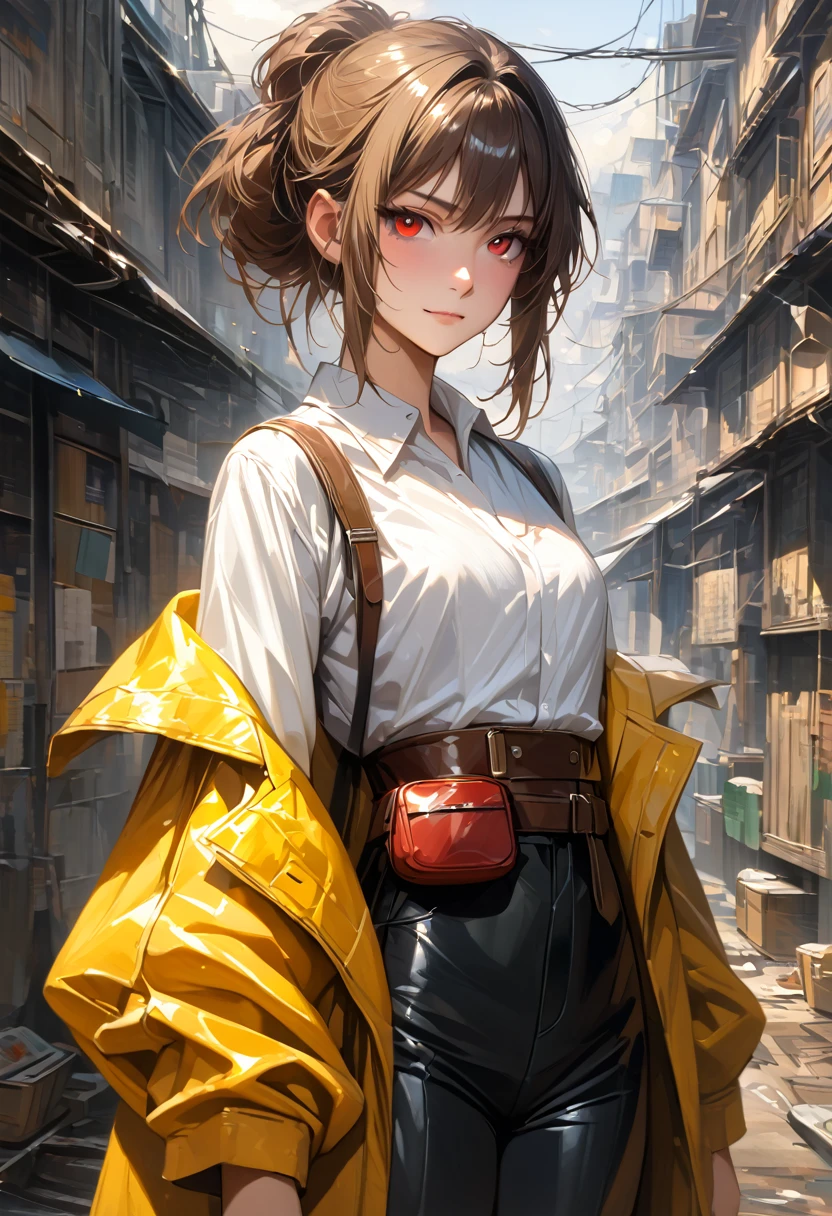 (adult), (woman) ((tall)), ((Elana From Library of ruina)), masterpiece, best quality, very aesthetic, absurdres, shiny skin, Perfect face, Perfect shadowing, Perfect cloathing, skindentation, dark aura, brown hair, ((updo hair)), messy spiked hair , red eyes, plain white shirt, Yellow coat, black pants, ((leather waist pack)), (faint smile), realistic anime style, oil painting, slums background.
