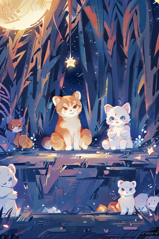 a close up of a red panda sitting on a hill under a starry sky in a bamboo forest, vector art by Kubisi art, tumblr, furry art, stars in her gazing eyes, night starry sky full of stars, dark and stars in the background, in outer space, moon, star pupils, short ears, looking at viewer 