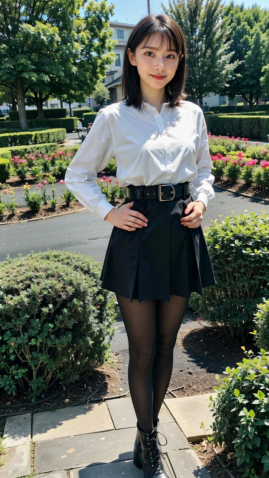 (8K、RAW Photos、Highest quality、masterpiece:1.2)、(Realistic、Realistic)、1 Girl、((Check mini skirt、Medium Hair、black、Thin legs、whole body、boots、blackいコート、one piece、tights、garden、View from the front、Looking into the camera、belt、Stand with hands on hips))、