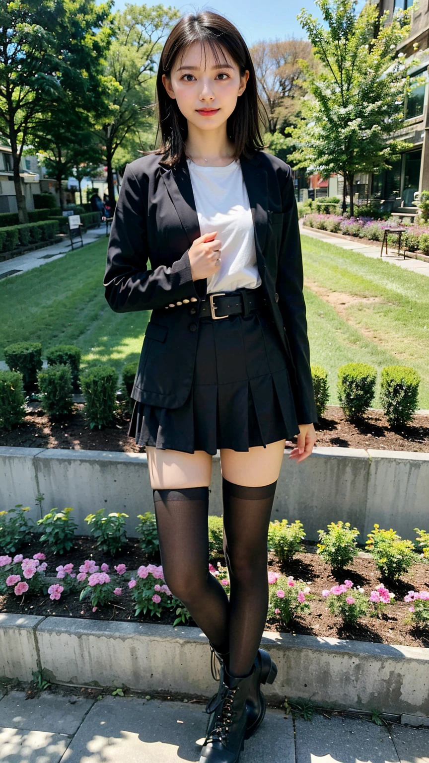 (8K、RAW Photos、Highest quality、masterpiece:1.2)、(Realistic、Realistic)、1 Girl、((Check mini skirt、Medium Hair、black、Thin legs、whole body、boots、blackいコート、one piece、tights、garden、View from the front、Looking into the camera、belt、Stand with hands on hips))、