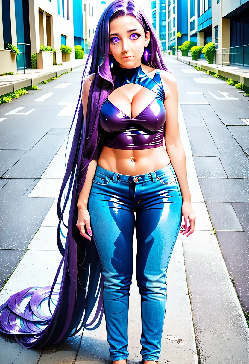 (masterpiece:1.37), best quality, (extremely detailed:1.37) woman, (adult:1.5), (very long hair:1.5), dark purple hair, purple eyes, (extremely detailed eyes:1.37), large breasts, crop top, cleavage, navel, (tight jeans:1.5), (wetting:2.0), standing straight, full body day, daytime, glow, facing viewer, perfect composition, full body, city, street, anime style