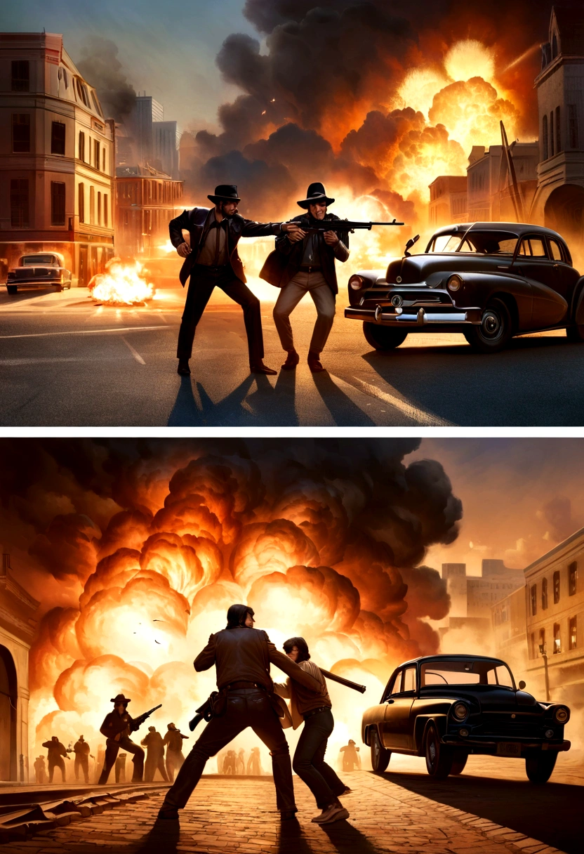 (realistic image, rich in details) war, civil war, in the middle of the city, large buildings, fight between gangs, gangsters from the 70s, machine guns, vintage cars, 70s, rival groups, exchange of shots, explosive scenery, explosion , smoke, monochromatic.