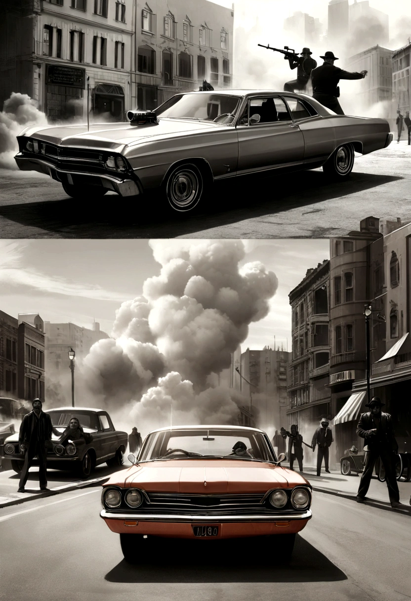 (realistic image, rich in details) war, civil war, in the middle of the city, large buildings, fight between gangs, gangsters from the 70s, machine guns, vintage cars, 70s, rival groups, exchange of shots, explosive scenery, explosion , smoke, monochromatic.