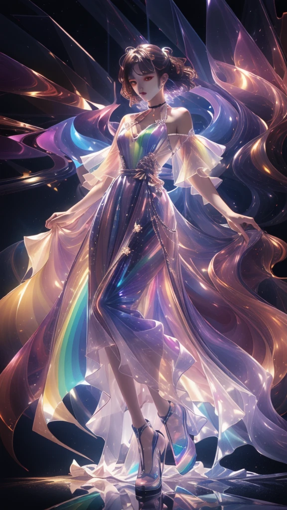 masterpiece, best quality,highres, 1girlï¼stars in the eyes, opalescence dress, white dress,  holographic plastic, liuli2,chromatic dispersion, coloured glaze, Polychromatic prism effect,  iridescence, glowing light,  full body