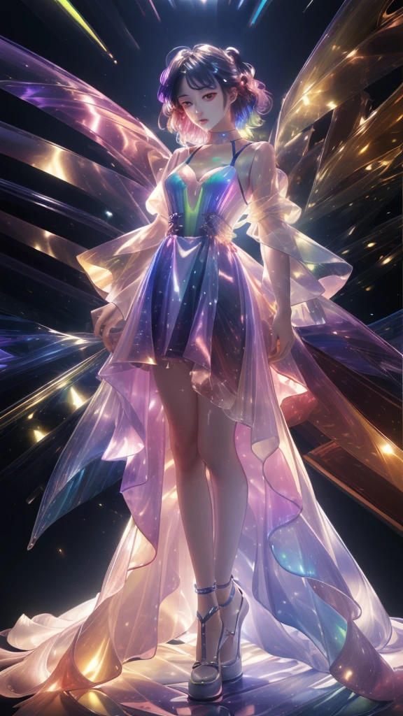 masterpiece, best quality,highres, 1girlï¼stars in the eyes, opalescence dress, white dress,  holographic plastic, liuli2,chromatic dispersion, coloured glaze, Polychromatic prism effect,  iridescence, glowing light,  full body