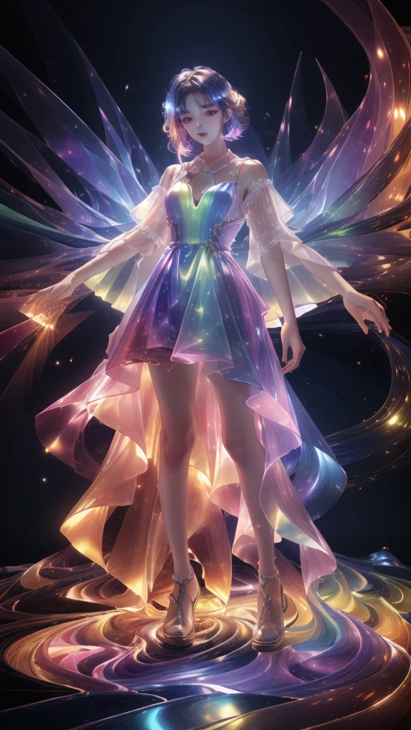 masterpiece, best quality,highres, 1girlï¼stars in the eyes, opalescence dress, white dress,  holographic plastic, liuli2,chromatic dispersion, coloured glaze, Polychromatic prism effect,  iridescence, glowing light,  full body