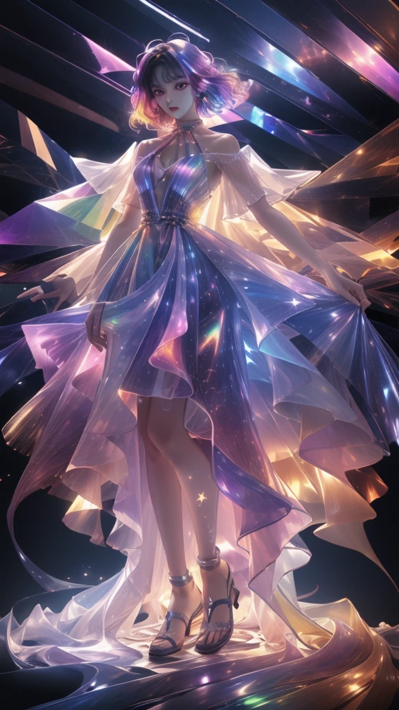 masterpiece, best quality,highres, 1girlï¼stars in the eyes, opalescence dress, white dress,  holographic plastic, liuli2,chromatic dispersion, coloured glaze, Polychromatic prism effect,  iridescence, glowing light,  full body