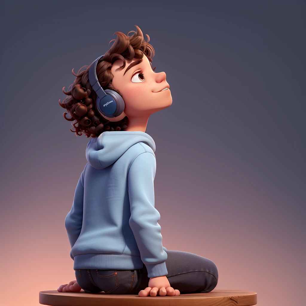 A boy, wearing headphones, looking upward,sitting in a gradient background seen from his back,sitting in a small table in a casual dress wearing hoodie, he has curly hairs,his face is hidden
