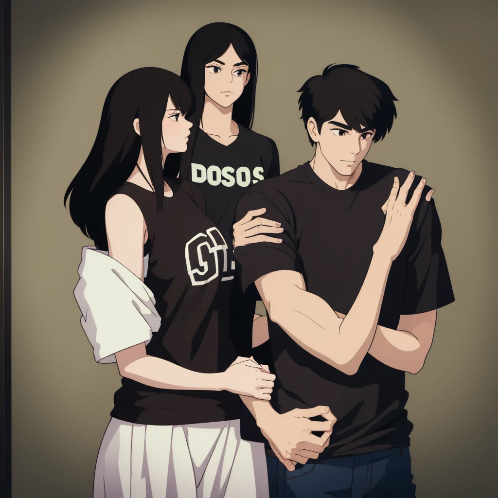 Big breasted woman, and long black hair, with boyfriend with black hair stylish hairstyle couple together with boston celtics shirt