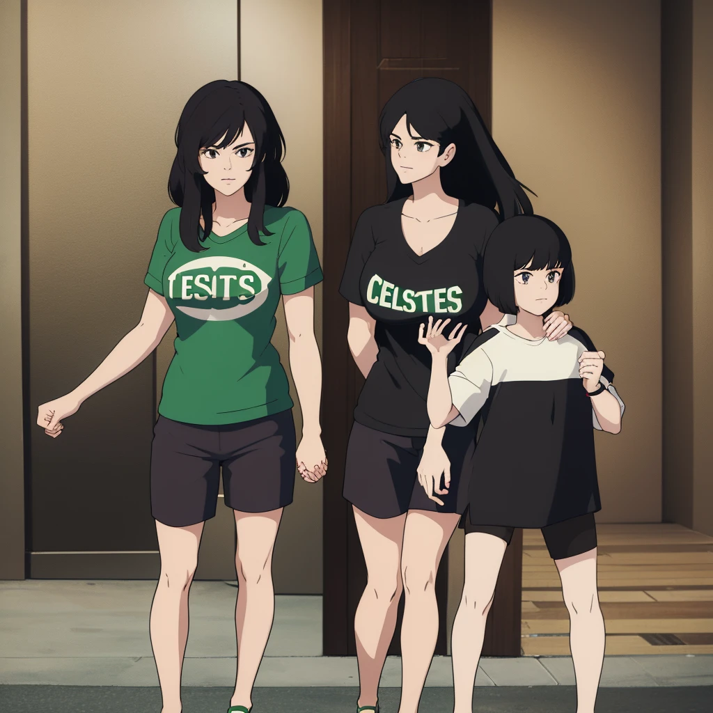 Big breasted woman, and long black hair, with boyfriend with black hair stylish hairstyle couple together with boston celtics shirt
